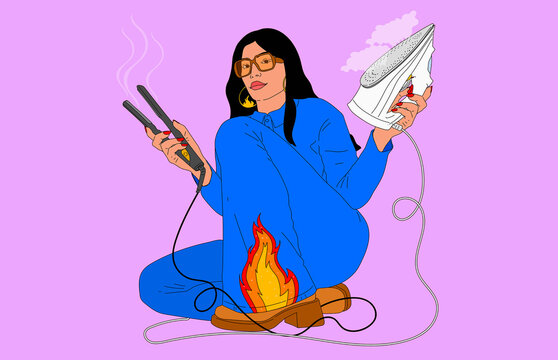 Portrait of cool young woman with flat iron and steaming iron against purple background