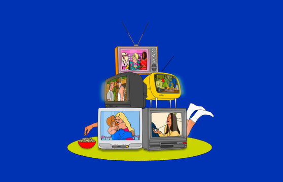 Young adult eating popcorn behind stacked TV shows against blue background