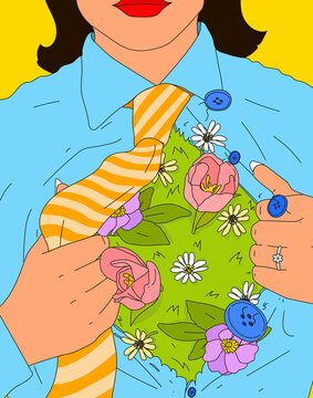 Close up of woman in necktie pulling button down shirt open to reveal a garden