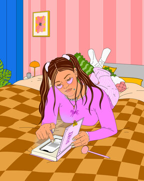 Teenage girl with eye patches relaxing on bed, using smart phone hidden inside diary