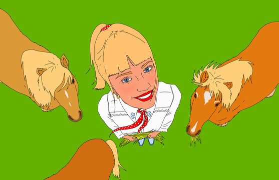 High angle portrait of happy young woman surrounded by Shetland ponies against green background