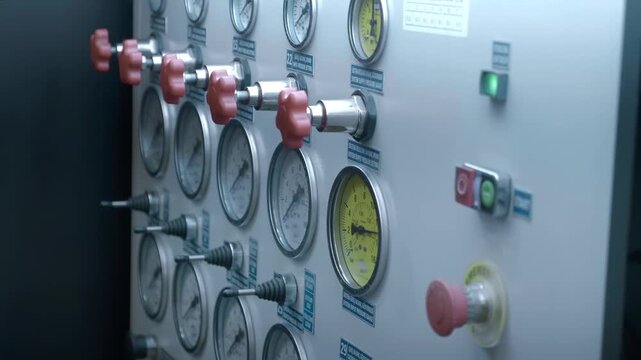 Rows of pressure gauges, valves and buttons on industrial equipment. Closeup. Shot in motion
