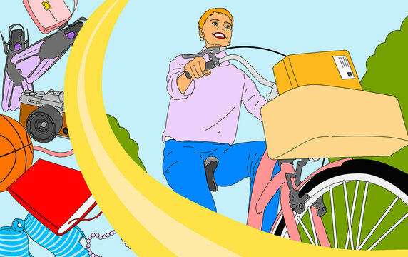 Carefree young woman riding bike next to hobby objects