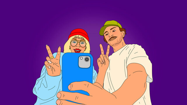 Low angle view of cool young man and woman gesturing peace sign, posing for selfie with smart phone
