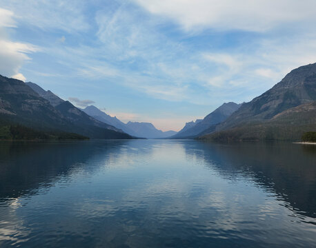 Scenic view of beautiful blue Waterton Lake and Canadian Rockies, Waterton Lakes National Park