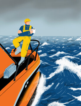 Fisherman taking a break, drinking coffee on boat at sea