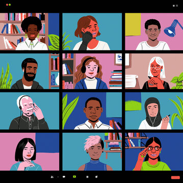 Diverse group of people video chatting on device screen