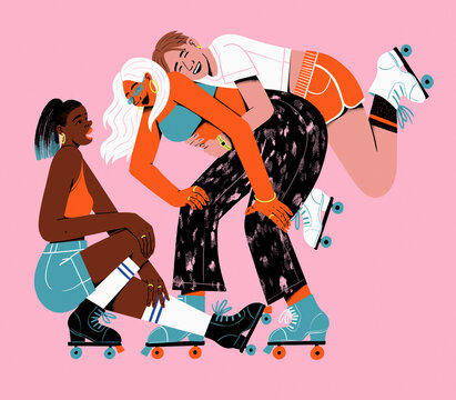 Happy, playful friends piggybacking and roller skating against pink background