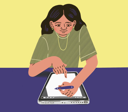 Woman with stylus drawing and touching screen of digital tablet