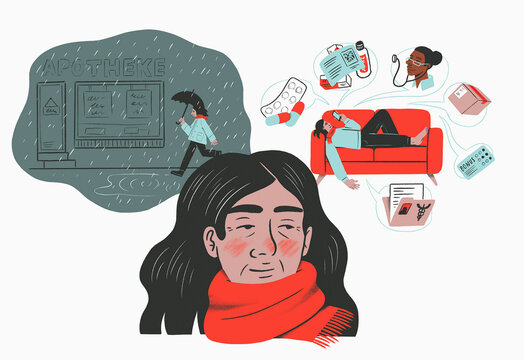 Sick woman in scarf thinking about online medical appointment and picking up prescription