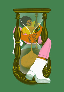 Young woman with arms wrapped around hourglass on green background