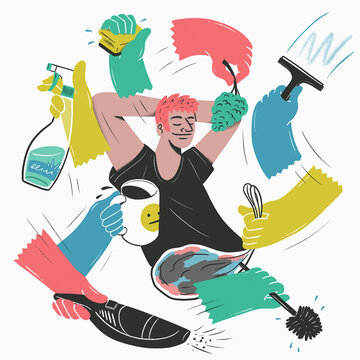 Hands cleaning and doing chores around carefree man relaxing