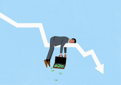 Male investor with open money briefcase sleeping on descending arrow against blue background