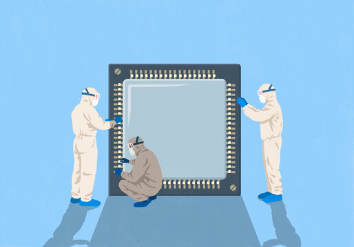 Engineers in clean suits inspecting large semiconductor against blue background