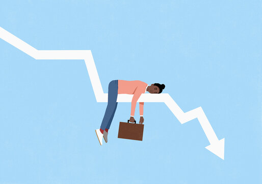 Tired female investor with briefcase sleeping on descending arrow chart against blue background