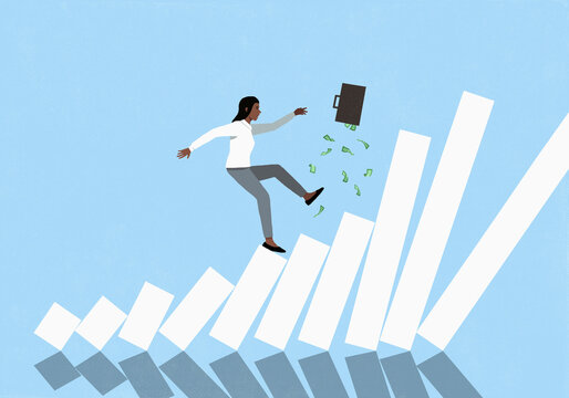 Businesswoman with money briefcase falling on instable bar chart against blue background