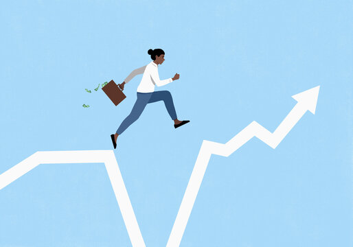 Female investor with money briefcase leaping over chasm in financial chart against blue background