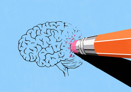 Large pencil eraser erasing brain sketch on blue background - memory concept