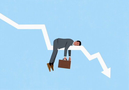 Exhausted businessman with briefcase sleeping on declining arrow chart against blue background