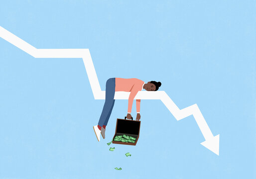 Money falling from briefcase in hand of female investor sleeping on descending arrow