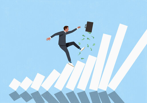 Businessman with money briefcase falling on instable bar chart against blue background
