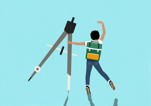 Schoolboy dancing with drawing compass against blue background