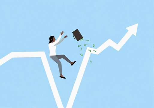 Businesswoman with money briefcase falling in chasm on bar chart arrow