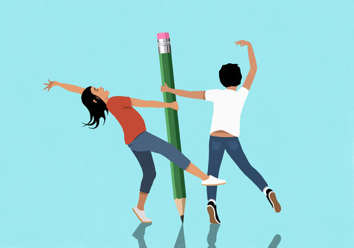 Happy, playful school children dancing around large pencil on blue background
