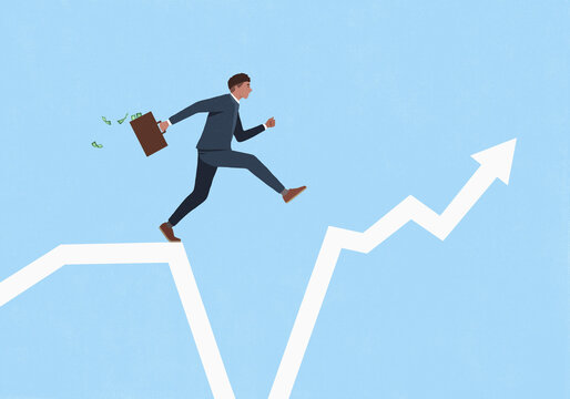 Male investor with money briefcase jumping over chasm in line chart on blue background