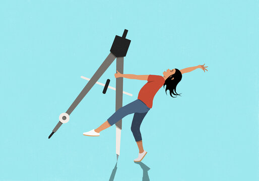 Carefree teenage girl dancing with drawing compass on turquoise background