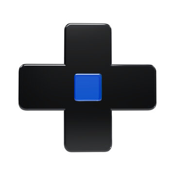 A glossy black plus sign featuring a small blue square centered in the middle, rendered in a3d style with smooth rounded edges against a solid black background