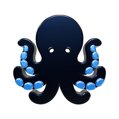 A glossy dark navy blue octopus with bright light blue suction cups on its tentacles, rendered in a3d style isolated on a solid black background, for web © REZAUL