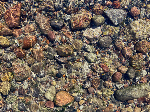 Full frame view from above of patterned rocks in sunny, shallow Baltic Sea water