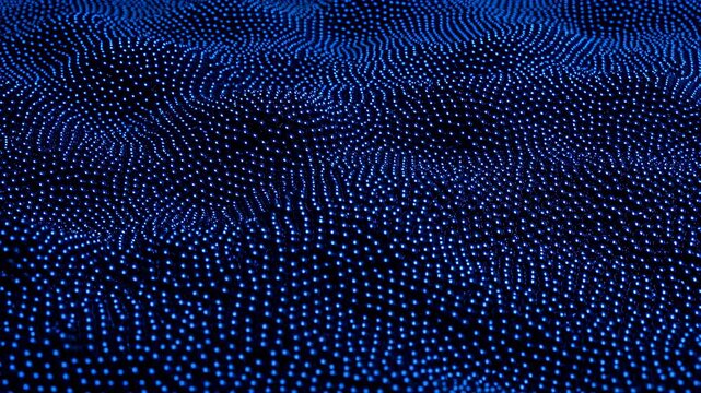 Blue glowing particles shift and flow to form dynamic wave-like patterns on a black background. Futuristic backdrop inspired by digital waves and data visualization.