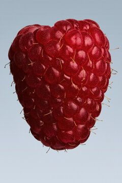 Extreme close up detail of vibrant red raspberry on blue gray background