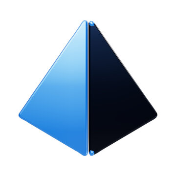 A sharp, triangular pyramid geometric shape featuring one light blue face contrasted against a dark, glossy, reflective triangular face on a black background