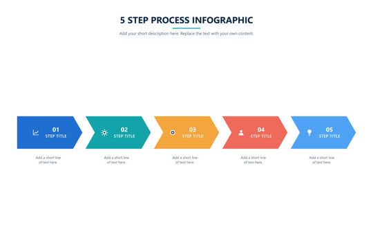 5 step process infographic template with numbered arrow chevrons and icons in blue teal orange and red