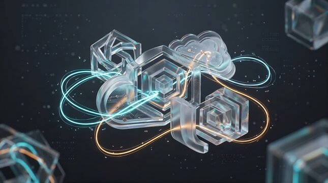 Glass cloud computing icon is connected with geometric network shapes and glowing fiber optic lines on a dark background.