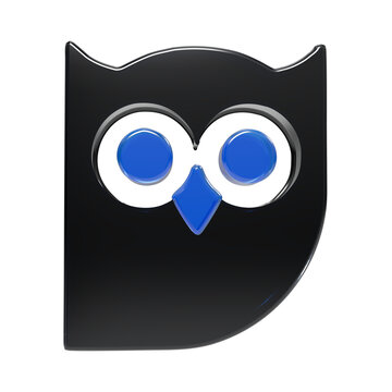 A stylized 3d owl head featuring a smooth black silhouette with two bright blue circular eyes and a triangular blue beak, rendered with a glossy finish on a black background