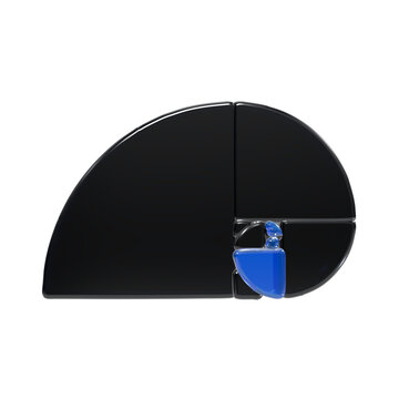 A3d golden ratio spiral constructed from glossy black segments with a single vibrant blue piece, showcasing mathematical proportion and geometric on a black background
