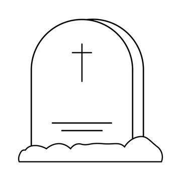 Halloween tombstone with cross line art icon. Spooky gravestone, cemetery headstone with ground mound, rip monument, autumn holiday concept vector illustration isolated on white background.