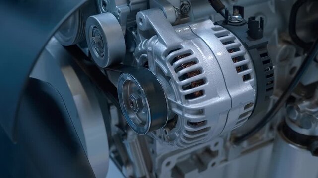 Alternator for a new truck engine and drive belt with all rollers. Closeup. Shot in motion. Follow focus