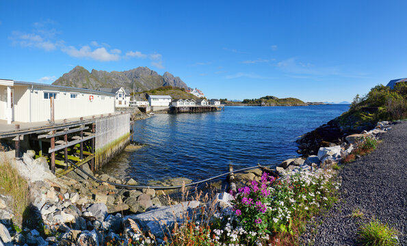 Picturesque harbor scene in Henningsv&aelig;r with colorful traditional houses, small boats, calm water and a dramatic mountain landscape in autumnal Northern Norway.