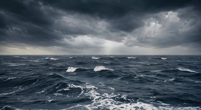 Dramatic stormy ocean with choppy dark waves beneath heavy brooding clouds on the distant horizon
