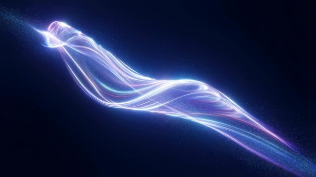 Glowing, flowing wave of light twists and pulses against a dark background. Animated scene combines lines and light trails with layered visual depth.