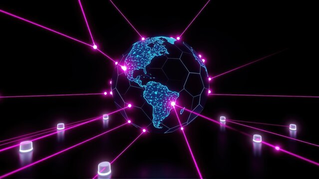 Glowing globe connected via bright pink lines to small cubes. Digital world, network concept, futuristic design.
