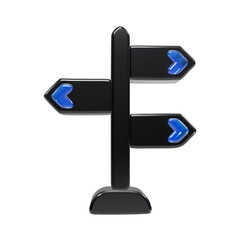 A3d rendered directional signpost with three arrow-shaped signs pointing in different directions, featuring glossy black and bright blue arrow symbols © REZAUL