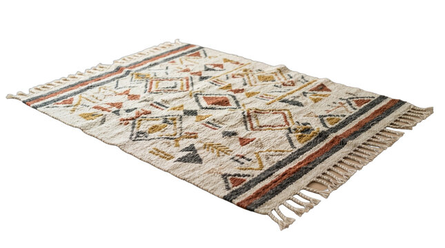 Handwoven geometric area rug with fringe isolated on a white background