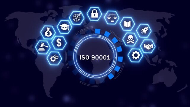 Iso 90001 management system digital interface featuring glowing hexagonal for global business compliance, corporate standards, operational excellence, and certification procedures