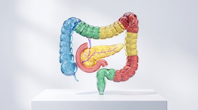 Translucent human colon and pancreas model displaying multicolored sections in a clean studio setting with soft lighting and professional focus